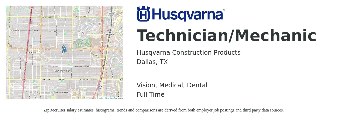 Husqvarna Construction Products job posting for a Technician/Mechanic in Dallas, TX with a salary of $20 to $30 Hourly and benefits including dental, life_insurance, medical, retirement, and vision with a map of Dallas location.