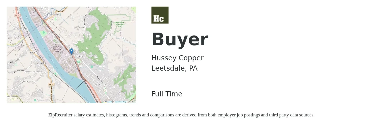 Hussey Copper job posting for a Buyer in Leetsdale, PA with a salary of $19 to $28 Hourly with a map of Leetsdale location.