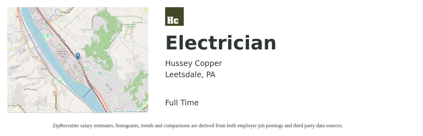 Hussey Copper job posting for a Electrician in Leetsdale, PA with a salary of $24 to $32 Hourly with a map of Leetsdale location.