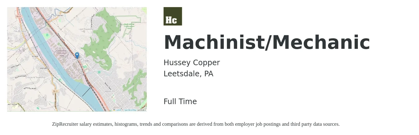 Hussey Copper job posting for a Machinist/Mechanic in Leetsdale, PA with a salary of $20 to $28 Hourly with a map of Leetsdale location.