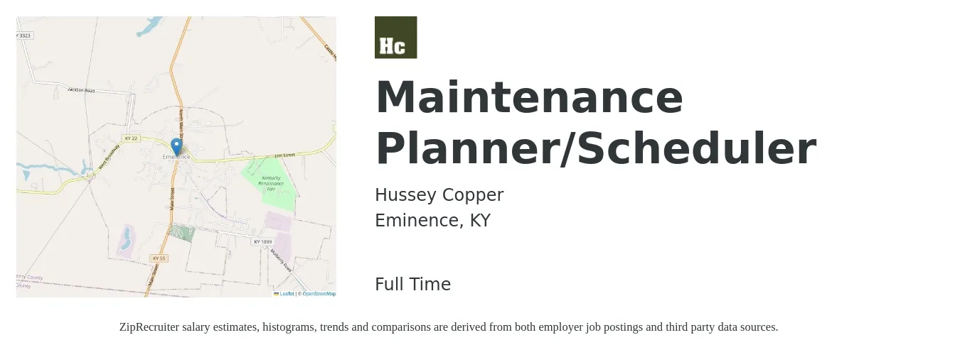 Hussey Copper job posting for a Maintenance Planner/Scheduler in Eminence, KY with a salary of $57,800 to $70,500 Yearly with a map of Eminence location.