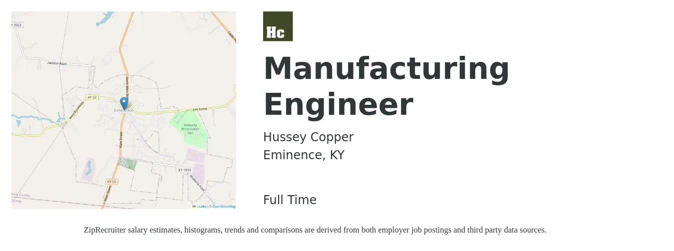 Hussey Copper job posting for a Manufacturing Engineer in Eminence, KY with a salary of $71,500 to $92,100 Yearly with a map of Eminence location.