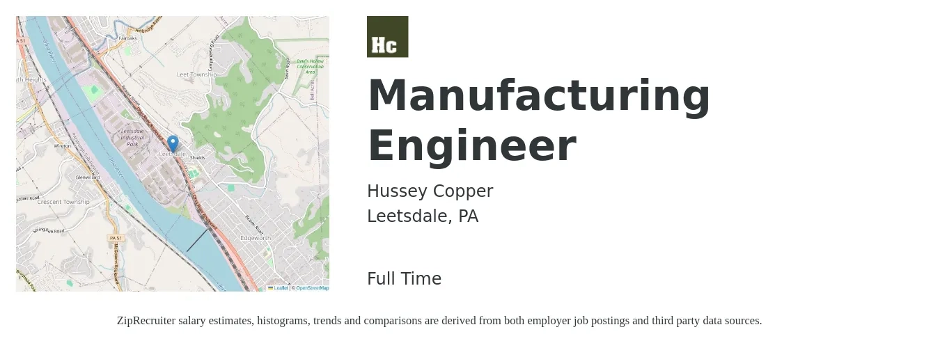 Hussey Copper job posting for a Manufacturing Engineer in Leetsdale, PA with a salary of $69,200 to $89,100 Yearly with a map of Leetsdale location.