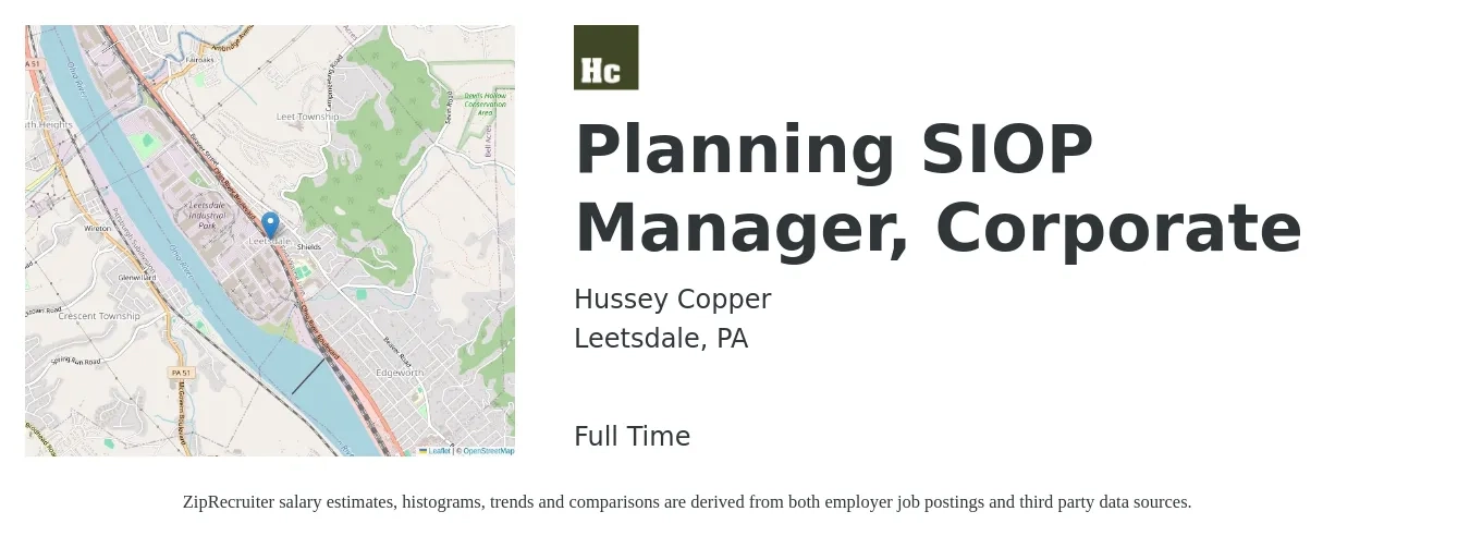 Hussey Copper job posting for a Planning SIOP Manager, Corporate in Leetsdale, PA with a salary of $32 to $43 Hourly with a map of Leetsdale location.