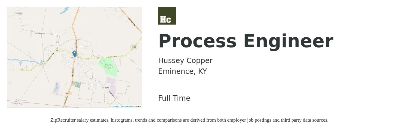 Hussey Copper job posting for a Process Engineer in Eminence, KY with a salary of $73,000 to $100,900 Yearly with a map of Eminence location.