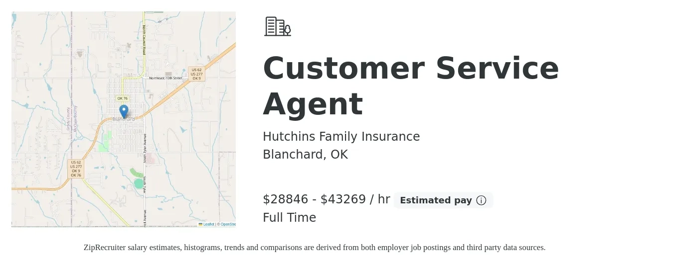 Hutchins Family Insurance job posting for a Customer Service Agent in Blanchard, OK with a salary of $30,000 to $45,000 Hourly with a map of Blanchard location.
