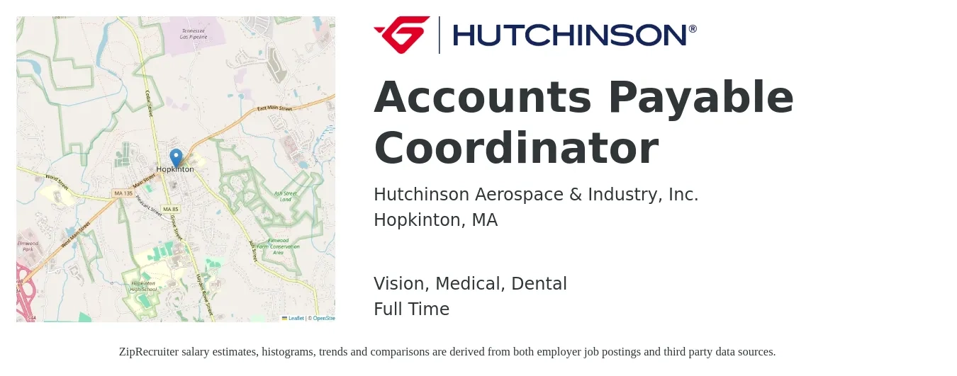 Hutchinson Aerospace & Industry job posting for a Accounts Payable Coordinator in Hopkinton, MA with a salary of $22 to $29 Hourly with a map of Hopkinton location.