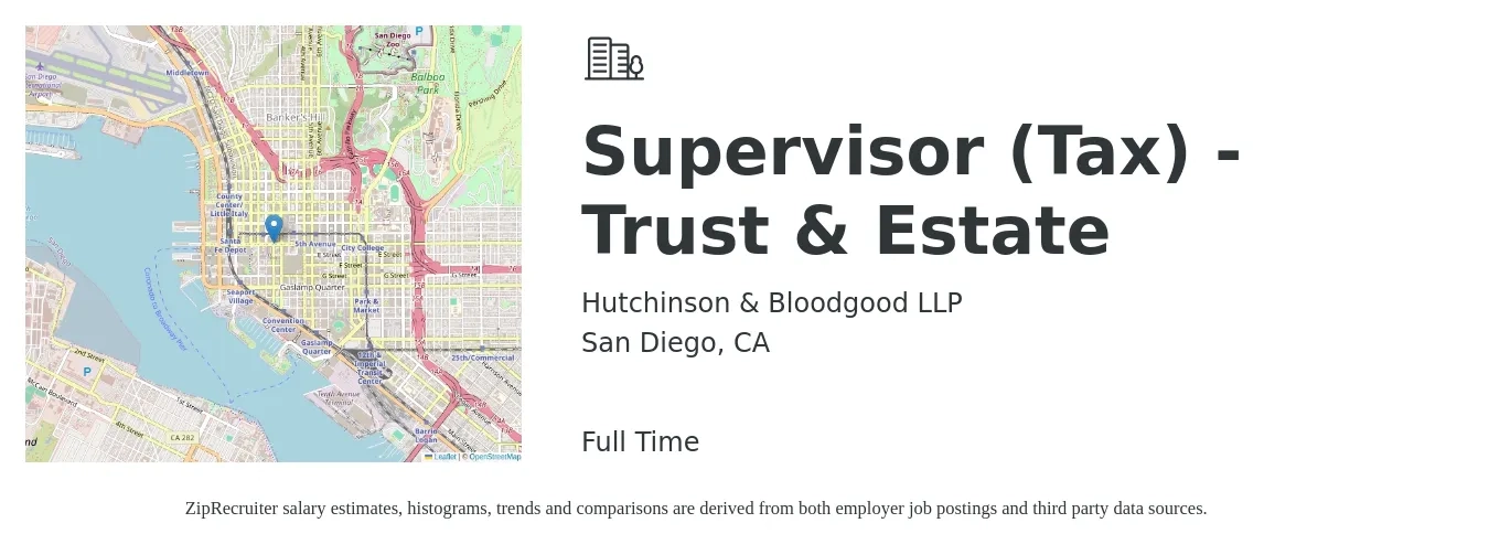 Hutchinson & Bloodgood LLP job posting for a Supervisor (Tax) - Trust & Estate in San Diego, CA with a salary of $119,100 to $156,100 Yearly with a map of San Diego location.