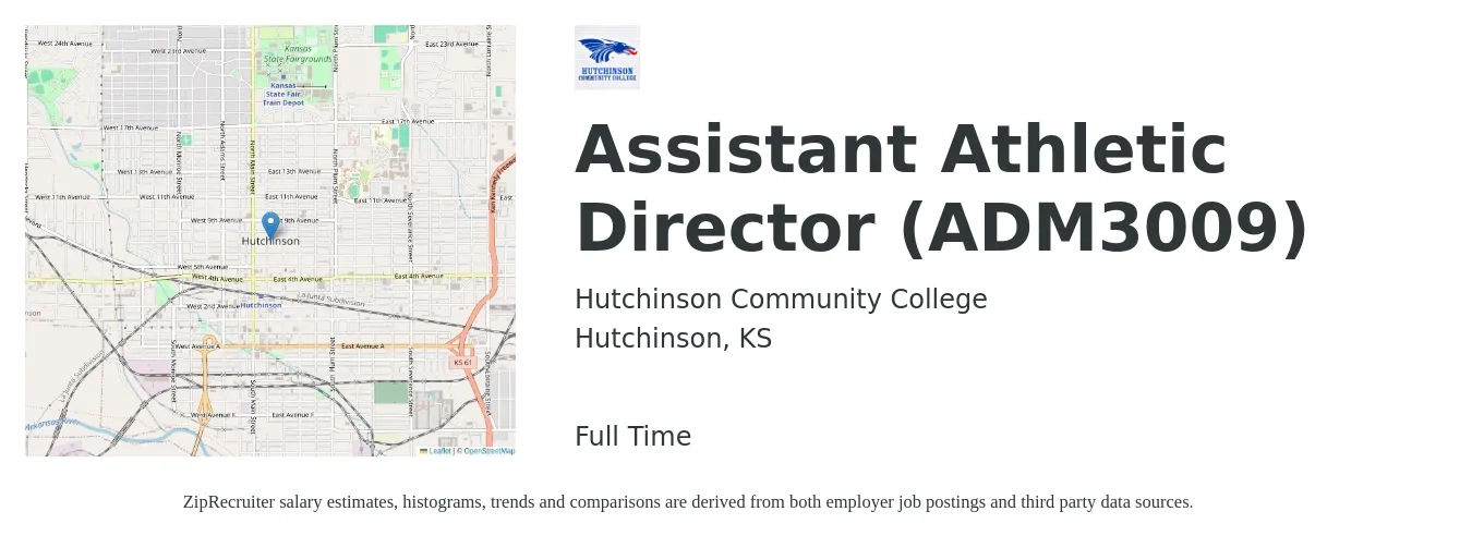 Hutchinson Community College job posting for a Assistant Athletic Director (ADM3009) in Hutchinson, KS with a salary of $35,200 to $66,800 Yearly with a map of Hutchinson location.