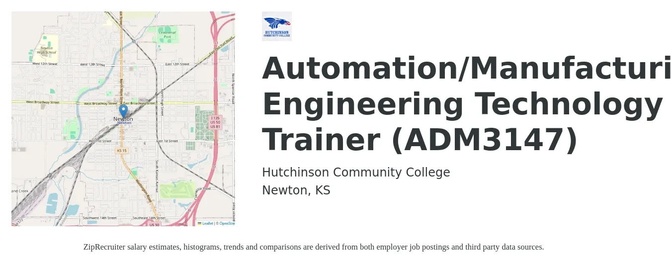 Hutchinson Community College job posting for a Automation/Manufacturing Engineering Technology Trainer (ADM3147) in Newton, KS with a salary of $26 to $32 Hourly with a map of Newton location.