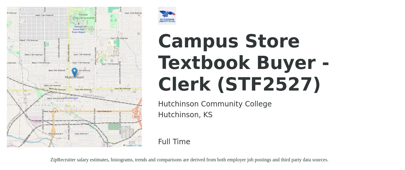 Hutchinson Community College job posting for a Campus Store Textbook Buyer - Clerk (STF2527) in Hutchinson, KS with a salary of $12 to $16 Hourly with a map of Hutchinson location.