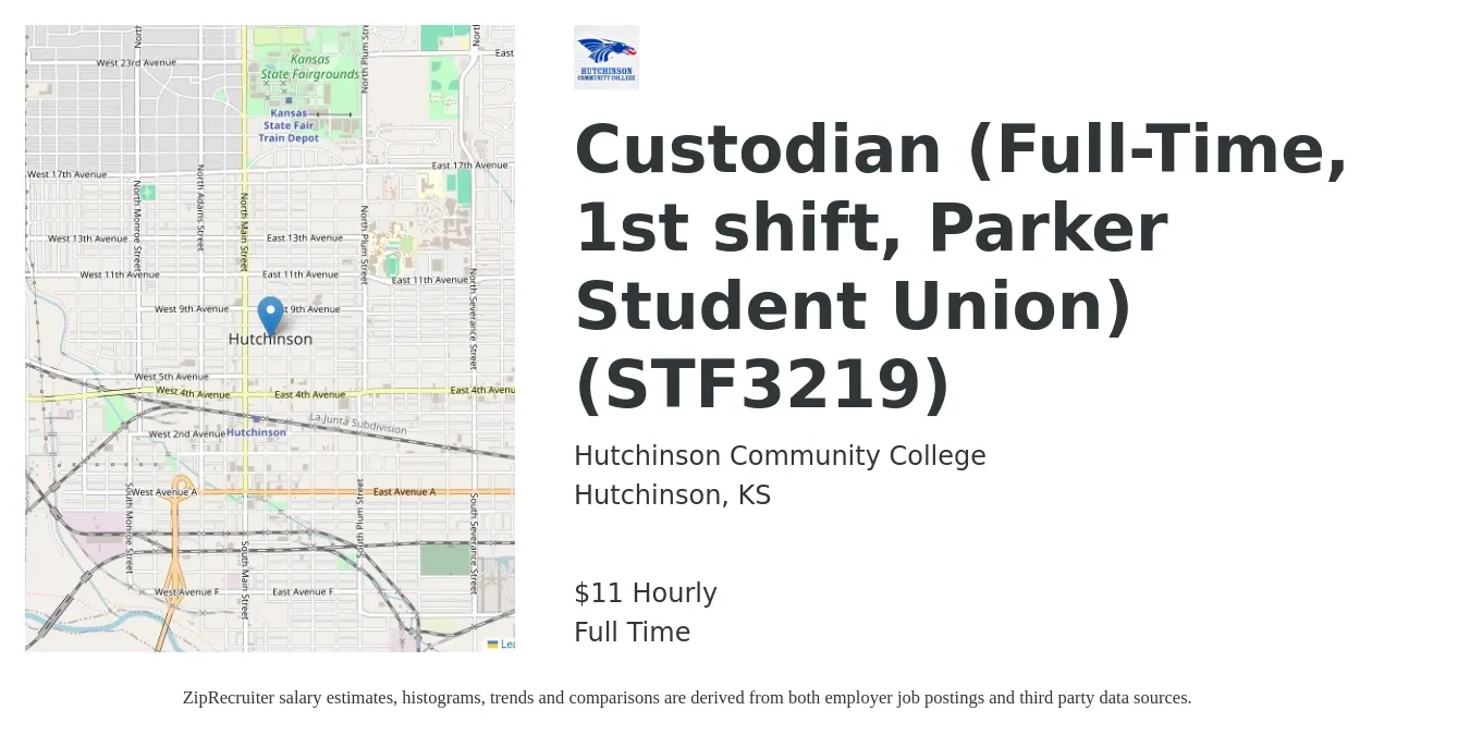 Hutchinson Community College job posting for a Custodian (Full-Time, 1st shift, Parker Student Union) (STF3219) in Hutchinson, KS with a salary of $12 Hourly with a map of Hutchinson location.