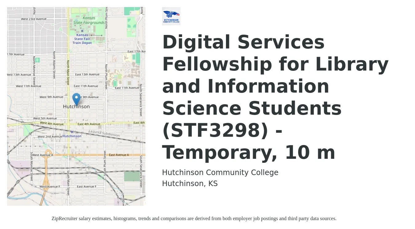 Hutchinson Community College job posting for a Digital Services Fellowship for Library and Information Science Students (STF3298) - Temporary, 10 m in Hutchinson, KS with a salary of $23 Hourly with a map of Hutchinson location.