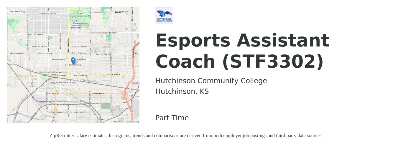 Hutchinson Community College job posting for a Esports Assistant Coach (STF3302) in Hutchinson, KS with a salary of $14 to $22 Hourly with a map of Hutchinson location.