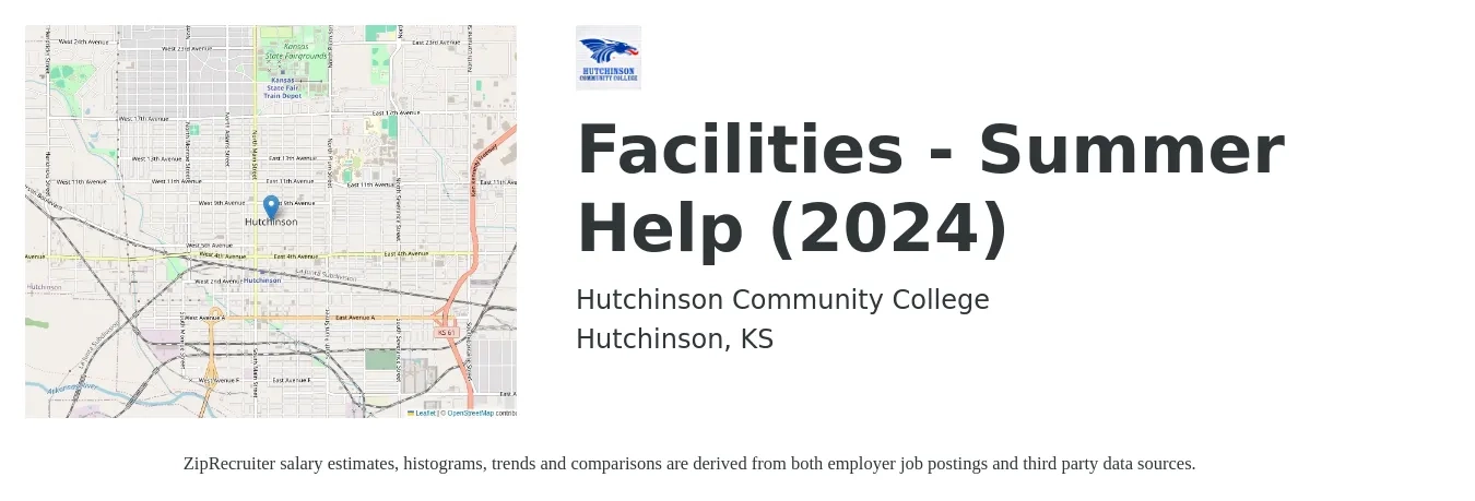 Hutchinson Community College job posting for a Facilities - Summer Help (2024) in Hutchinson, KS with a salary of $17 to $24 Hourly with a map of Hutchinson location.