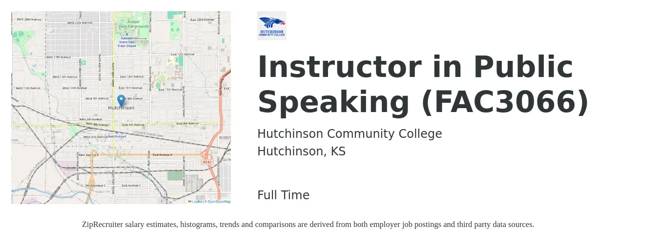Hutchinson Community College job posting for a Instructor in Public Speaking (FAC3066) in Hutchinson, KS with a map of Hutchinson location.