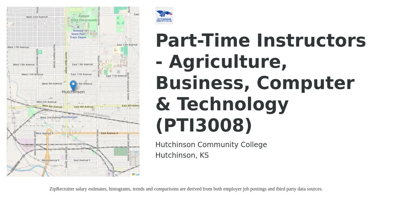 Hutchinson Community College job posting for a Part-Time Instructors - Agriculture, Business, Computer & Technology (PTI3008) in Hutchinson, KS with a salary of $41,700 to $53,800 Yearly with a map of Hutchinson location.