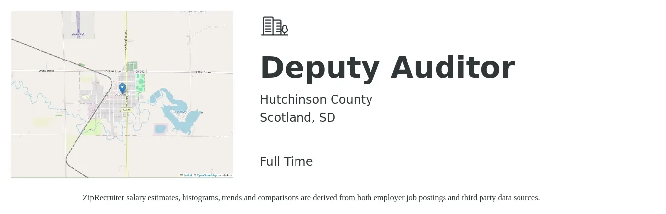 Hutchinson County job posting for a Deputy Auditor in Scotland, SD with a salary of $14 to $19 Hourly with a map of Scotland location.