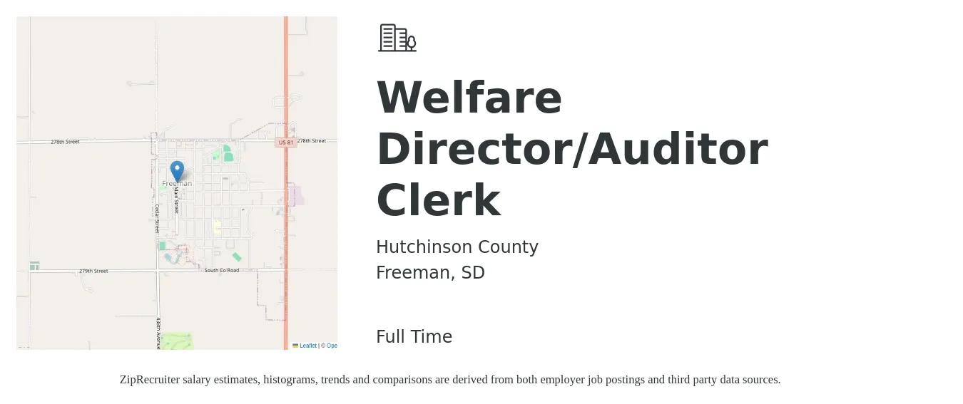 Hutchinson County job posting for a Welfare Director/Auditor Clerk in Freeman, SD with a salary of $18 to $27 Hourly with a map of Freeman location.