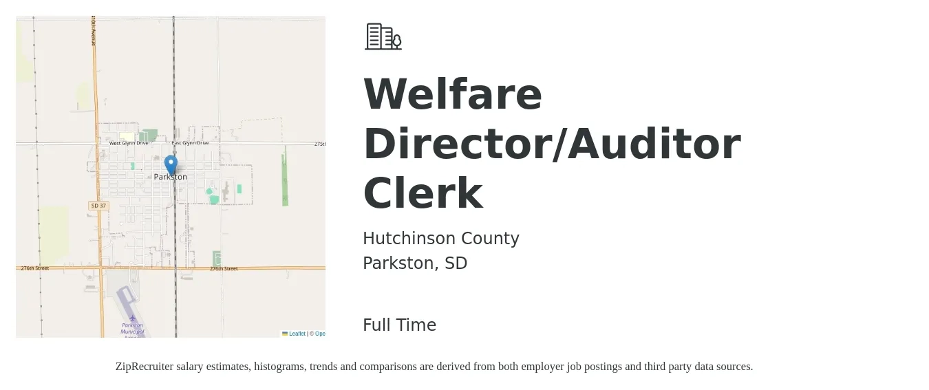 Hutchinson County job posting for a Welfare Director/Auditor Clerk in Parkston, SD with a salary of $17 to $26 Hourly with a map of Parkston location.