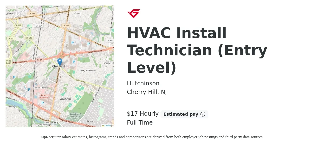 Hutchinson job posting for a HVAC Install Technician (Entry Level) in Cherry Hill, NJ with a salary of $18 Hourly with a map of Cherry Hill location.