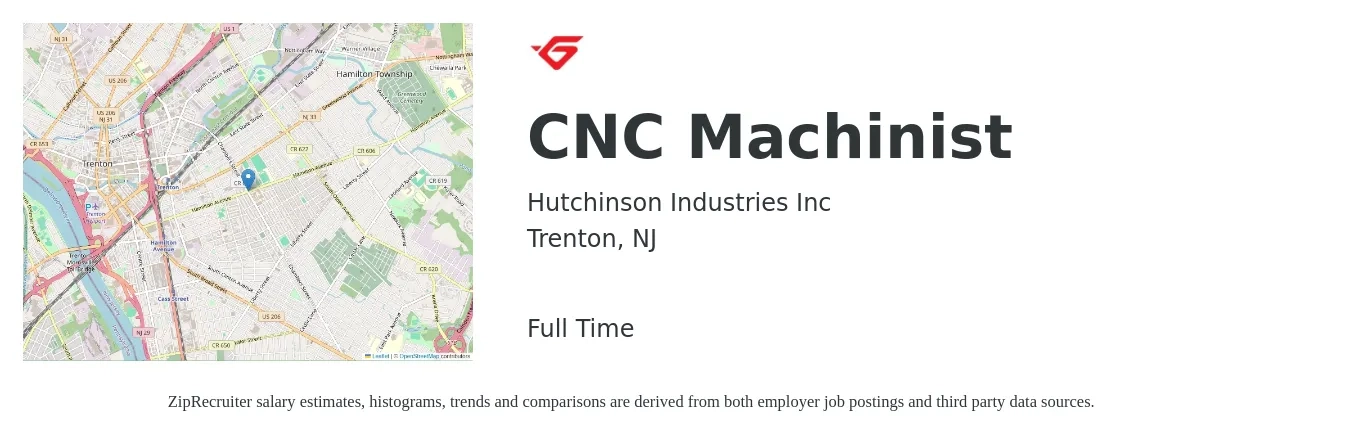 Hutchinson Industries Inc job posting for a CNC Machinist in Trenton, NJ with a salary of $20 to $28 Hourly with a map of Trenton location.