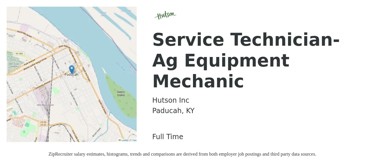 Hutson Inc job posting for a Service Technician- Ag Equipment Mechanic in Paducah, KY with a salary of $18 to $28 Hourly with a map of Paducah location.
