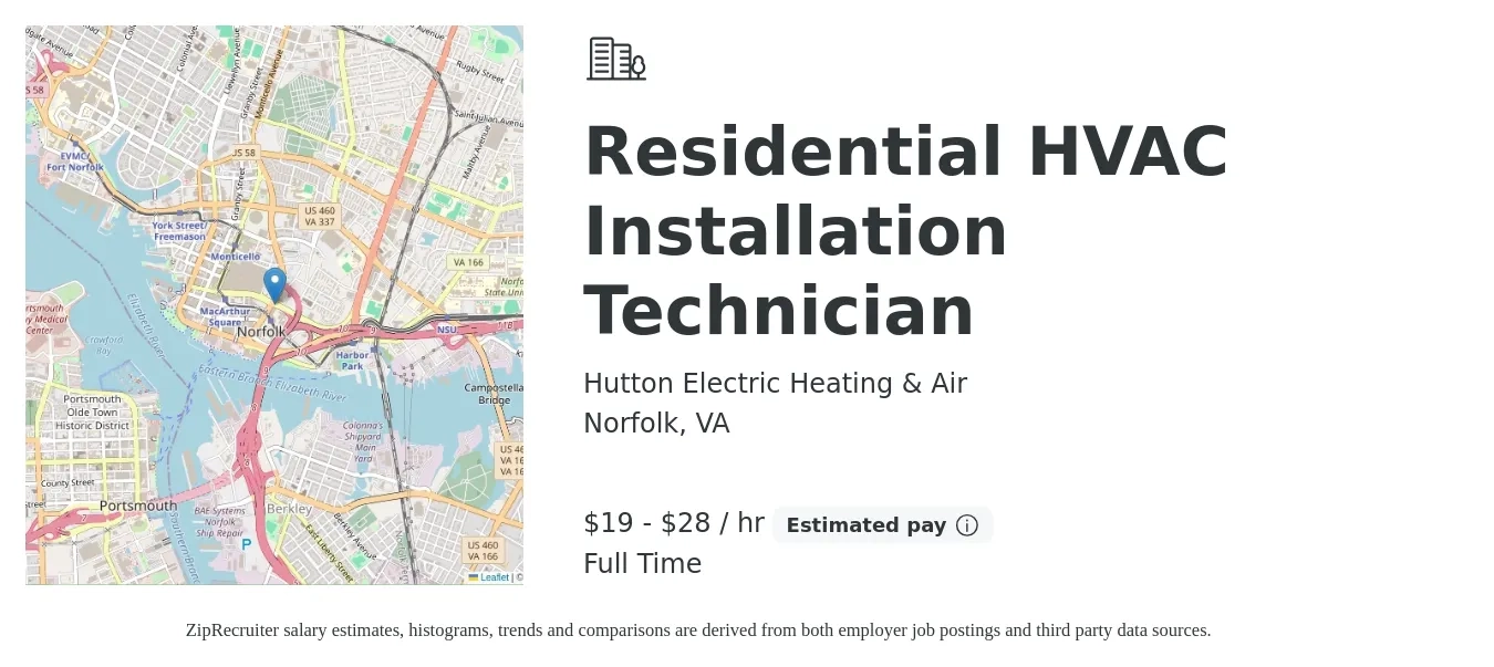 Hutton Electric Heating & Air job posting for a Residential HVAC Installation Technician in Norfolk, VA with a salary of $20 to $30 Hourly with a map of Norfolk location.