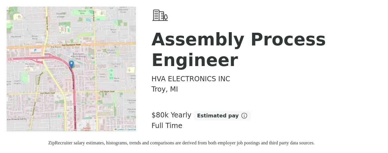 HVA ELECTRONICS INC job posting for a Assembly Process Engineer in Troy, MI with a salary of $80,000 Yearly with a map of Troy location.