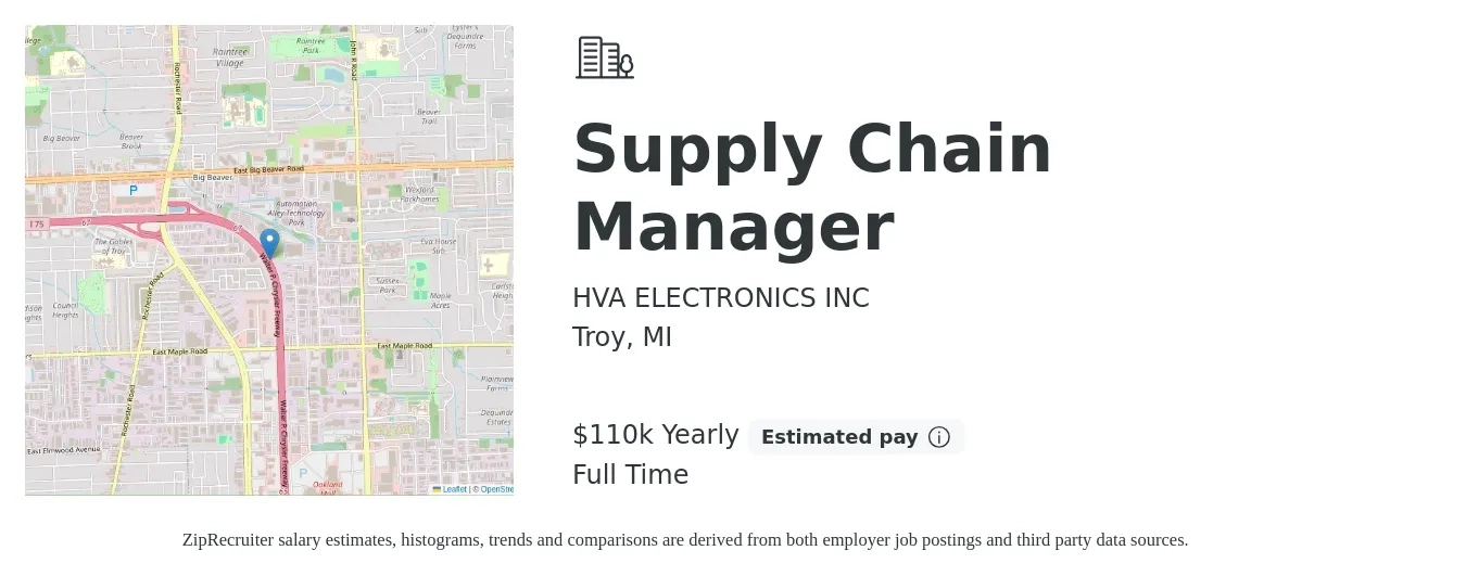 HVA ELECTRONICS INC job posting for a Supply Chain Manager in Troy, MI with a salary of $110,000 Yearly with a map of Troy location.