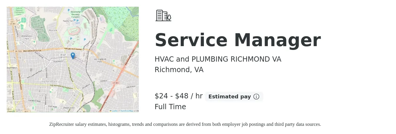 HVAC and PLUMBING RICHMOND VA job posting for a Service Manager in Richmond, VA with a salary of $25 to $50 Hourly with a map of Richmond location.