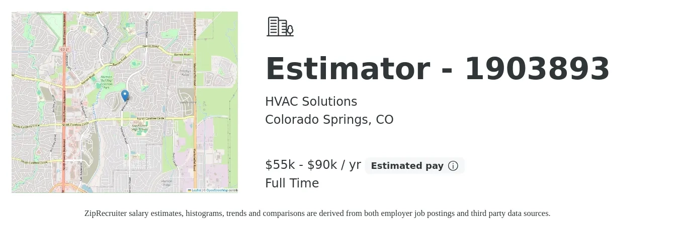 HVAC Solutions job posting for a Estimator - 1903893 in Colorado Springs, CO with a salary of $55,000 to $90,000 Yearly with a map of Colorado Springs location.