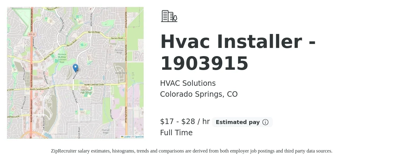 HVAC Solutions job posting for a Hvac Installer - 1903915 in Colorado Springs, CO with a salary of $18 to $30 Hourly with a map of Colorado Springs location.