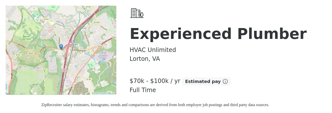 HVAC Unlimited job posting for a Experienced Plumber in Lorton, VA with a salary of $70,000 to $100,000 Yearly with a map of Lorton location.