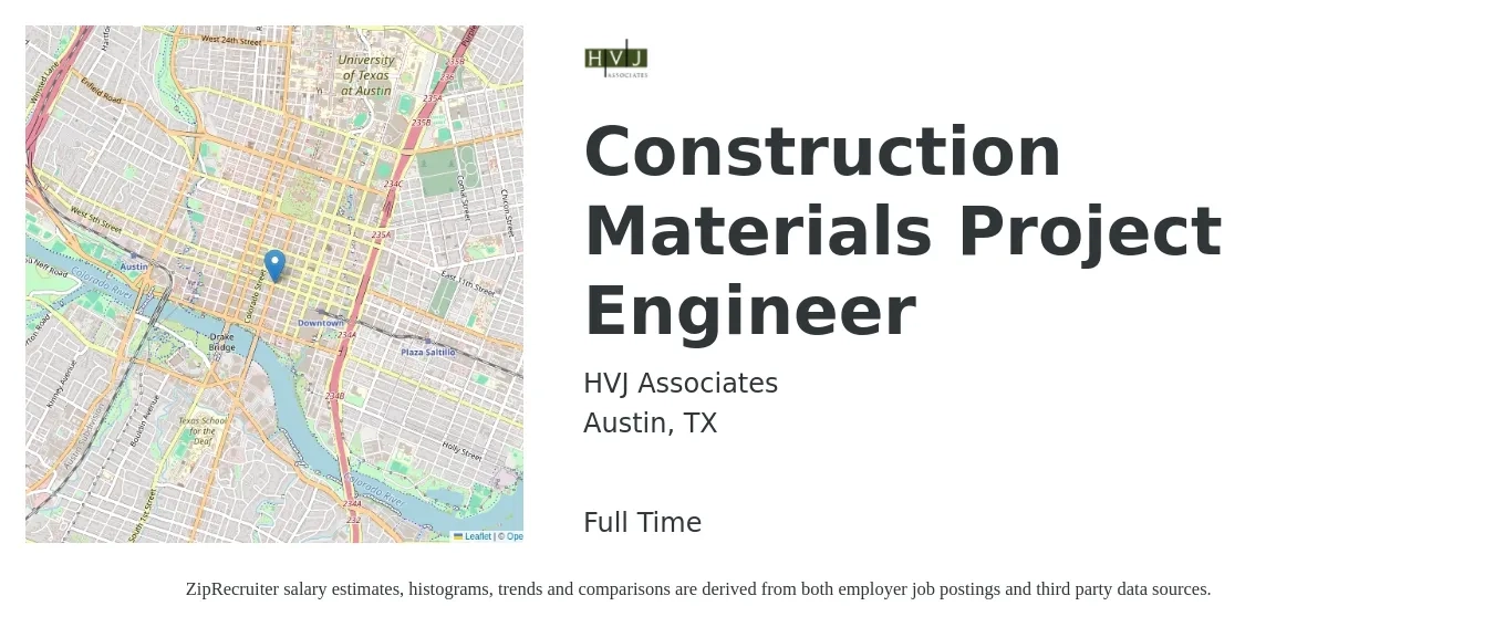 HVJ Associates job posting for a Construction Materials Project Engineer in Austin, TX with a salary of $68,400 to $87,700 Yearly with a map of Austin location.