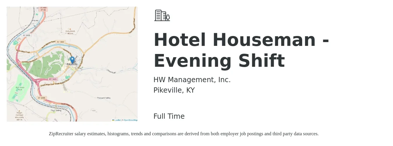HW Management, Inc. job posting for a Hotel Houseman - Evening Shift in Pikeville, KY with a salary of $12 to $15 Hourly with a map of Pikeville location.