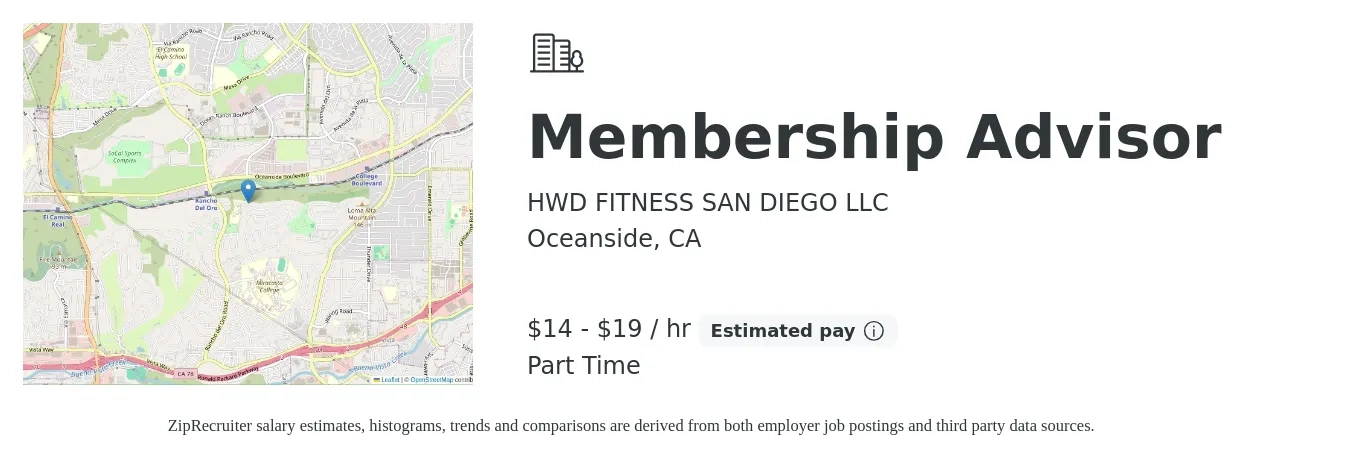 HWD FITNESS SAN DIEGO LLC job posting for a Membership Advisor in Oceanside, CA with a salary of $15 to $20 Hourly with a map of Oceanside location.