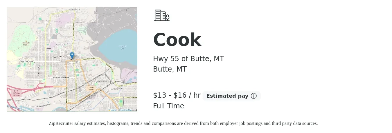 Hwy 55 of Butte, MT job posting for a Cook in Butte, MT with a salary of $14 to $17 Hourly with a map of Butte location.