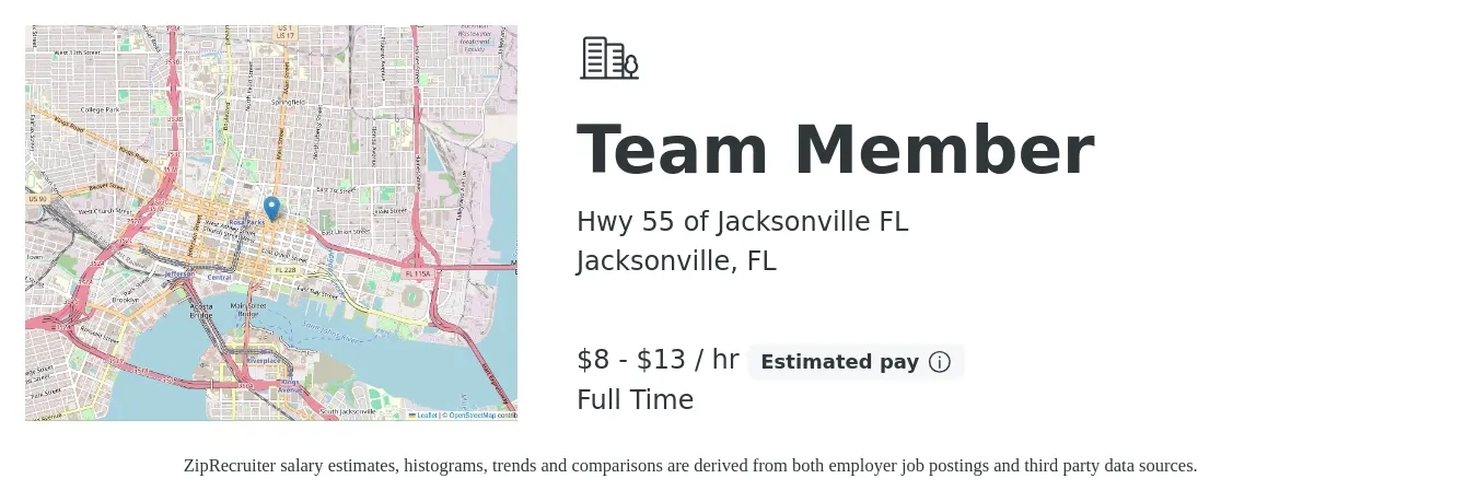 Hwy 55 of Jacksonville FL job posting for a Team Member in Jacksonville, FL with a salary of $9 to $14 Hourly with a map of Jacksonville location.