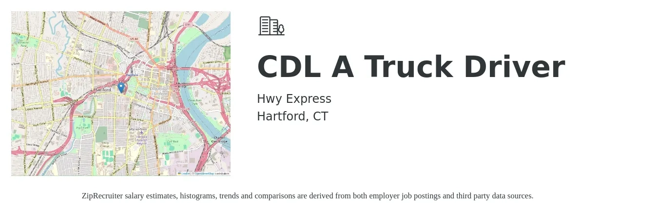 Hwy Express job posting for a CDL A Truck Driver in Hartford, CT with a salary of $1,300 to $1,500 Weekly with a map of Hartford location.