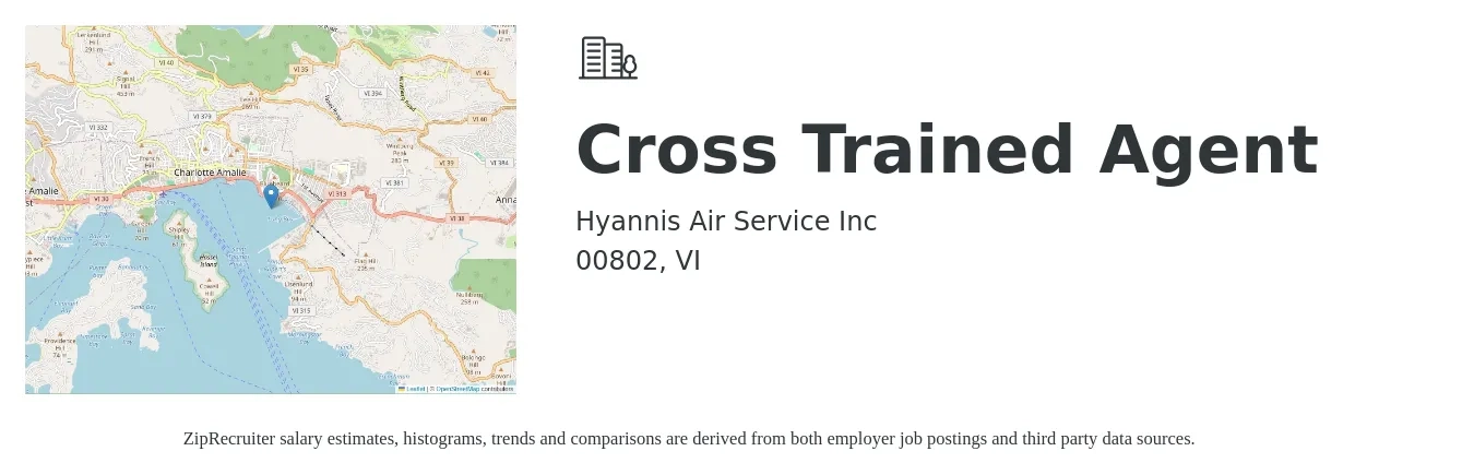 Hyannis Air Service Inc job posting for a Cross Trained Agent in 00802, VI with a salary of $36,400 to $54,000 Yearly with a map of 00802 location.