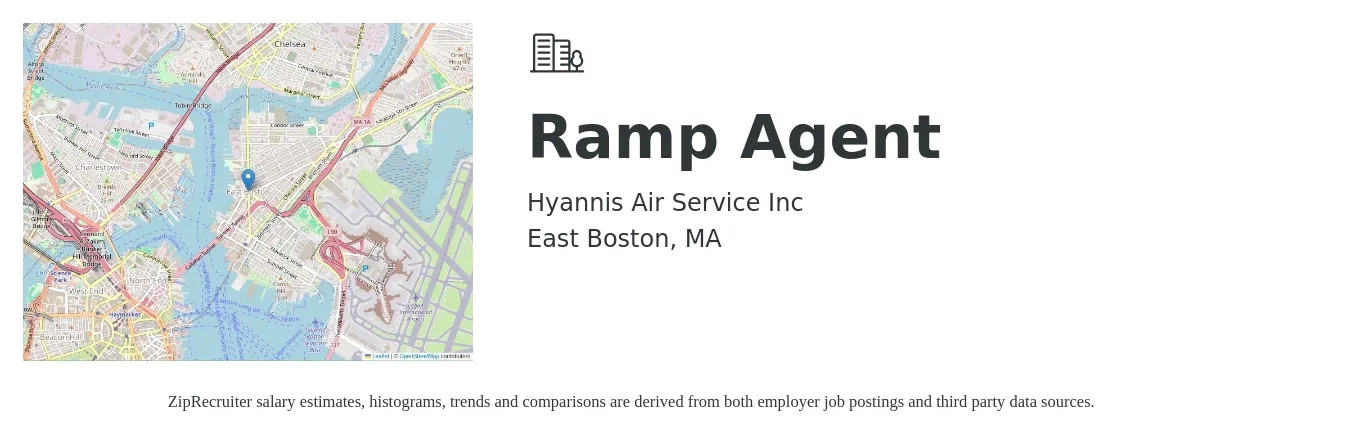 Hyannis Air Service Inc job posting for a Ramp Agent in East Boston, MA with a salary of $17 to $21 Hourly with a map of East Boston location.