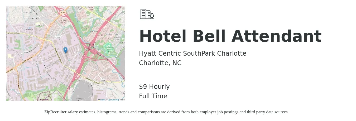 Hyatt Centric SouthPark Charlotte job posting for a Hotel Bell Attendant in Charlotte, NC with a salary of $10 Hourly with a map of Charlotte location.