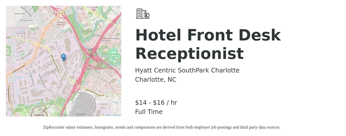 Hyatt Centric SouthPark Charlotte job posting for a Hotel Front Desk Receptionist in Charlotte, NC with a salary of $15 to $17 Hourly with a map of Charlotte location.