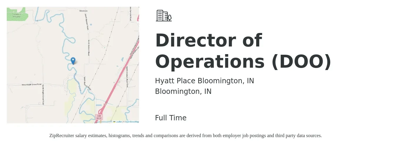 Hyatt Place Bloomington, IN job posting for a Director of Operations (DOO) in Bloomington, IN with a salary of $61,300 to $110,000 Yearly with a map of Bloomington location.