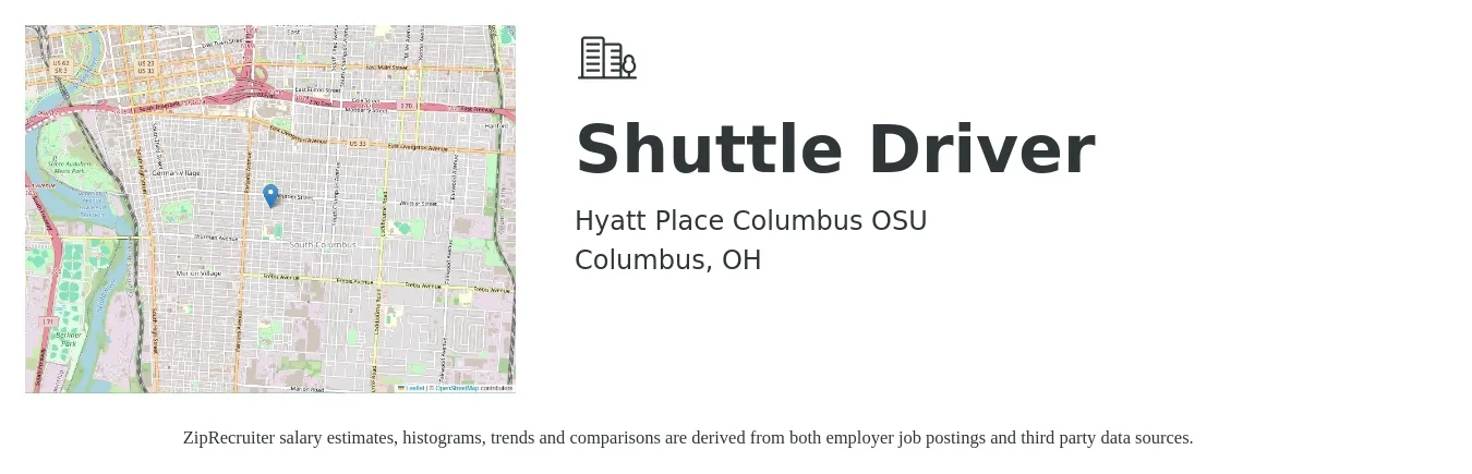 Hyatt Place Columbus OSU job posting for a Shuttle Driver in Columbus, OH with a salary of $14 to $20 Hourly with a map of Columbus location.