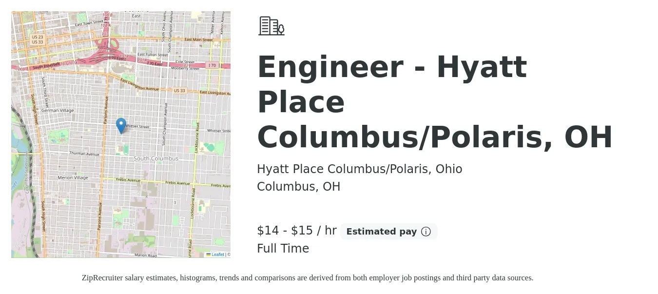 Hyatt Place Columbus/Polaris, Ohio job posting for a Engineer - Hyatt Place Columbus/Polaris, OH in Columbus, OH with a salary of $15 to $16 Hourly with a map of Columbus location.