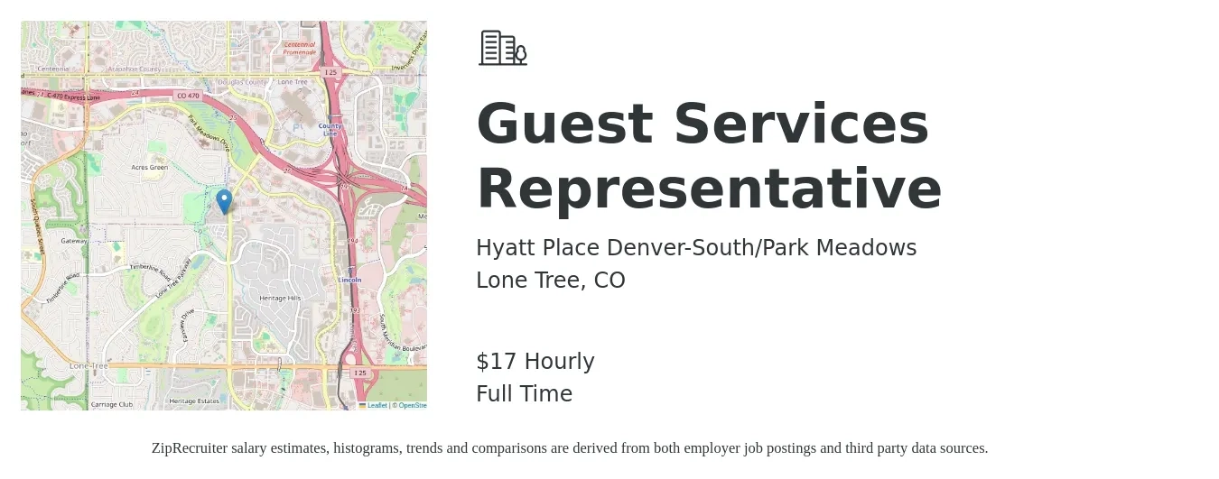 Hyatt Place Denver-South/Park Meadows job posting for a Guest Services Representative in Lone Tree, CO with a salary of $18 Hourly with a map of Lone Tree location.