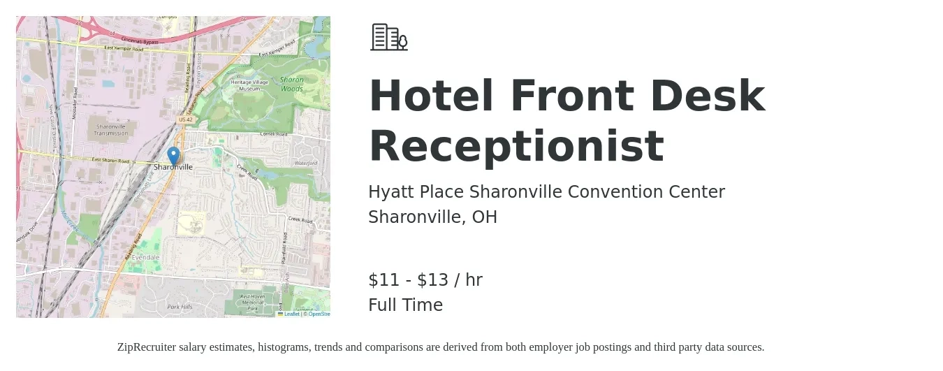 Hyatt Place Sharonville Convention Center job posting for a Hotel Front Desk Receptionist in Sharonville, OH with a salary of $12 to $14 Hourly with a map of Sharonville location.