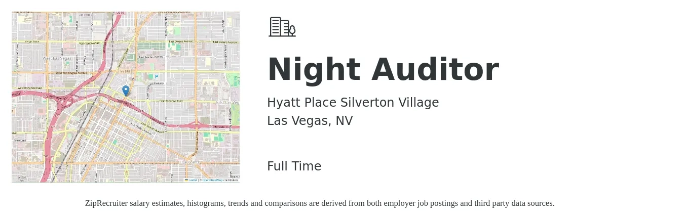 Hyatt Place Silverton Village job posting for a Night Auditor in Las Vegas, NV with a salary of $14 to $19 Hourly with a map of Las Vegas location.